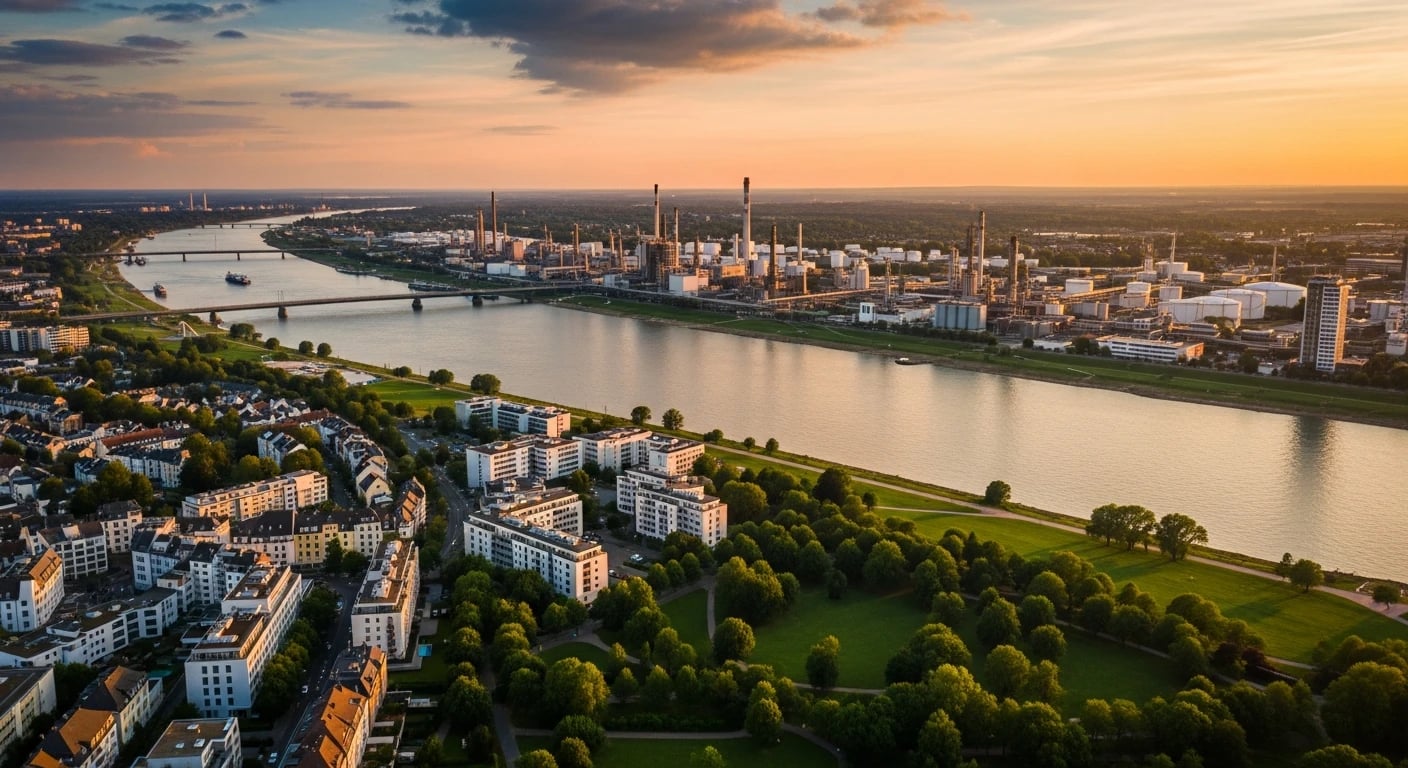 Drohnenaufnahme Leverkusen – Chempark und Rhein, Monteurzimmer ab 20 Euro